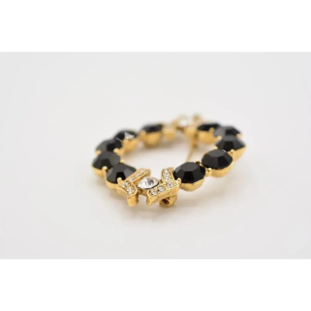 Vintage Black Crystal Pin Brooch Round Gold Rhinestone Chunky Sparkling BinAL